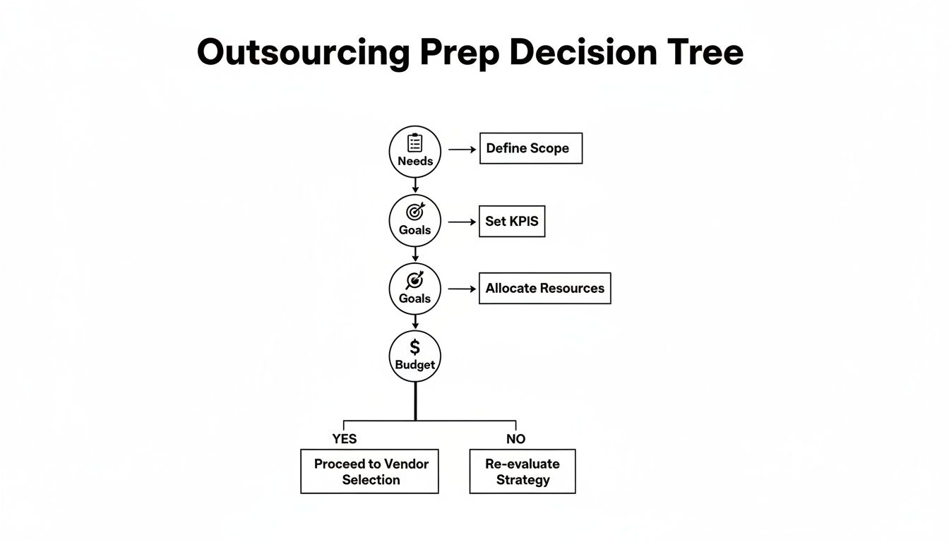 A flowchart titled 'Outsourcing Prep Decision Tree' outlining steps from needs to budget decisions.