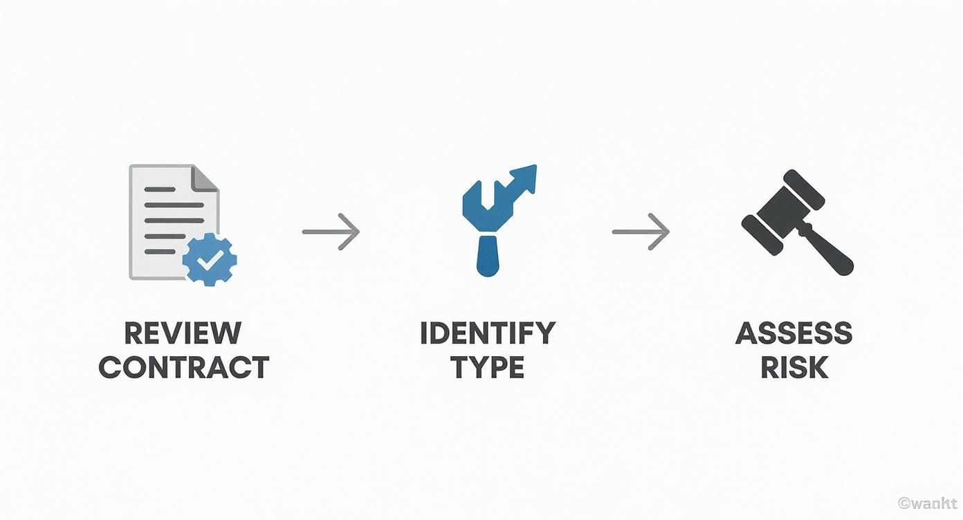 Infographic showing a 3-step legal check process for contractor termination: Review Contract, Identify Type, Assess Risk.