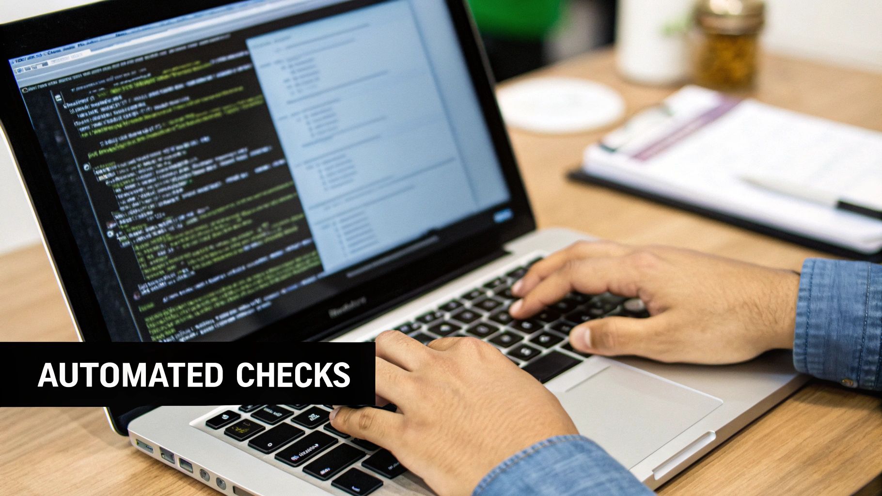 A person's hands typing code on a laptop, performing automated checks in a modern workspace.