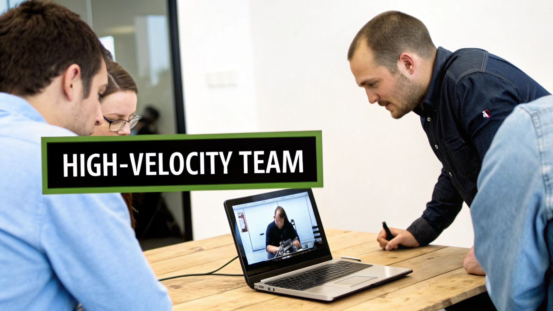 A high-velocity team collaborates around a laptop, viewing a remote colleague working on a project.