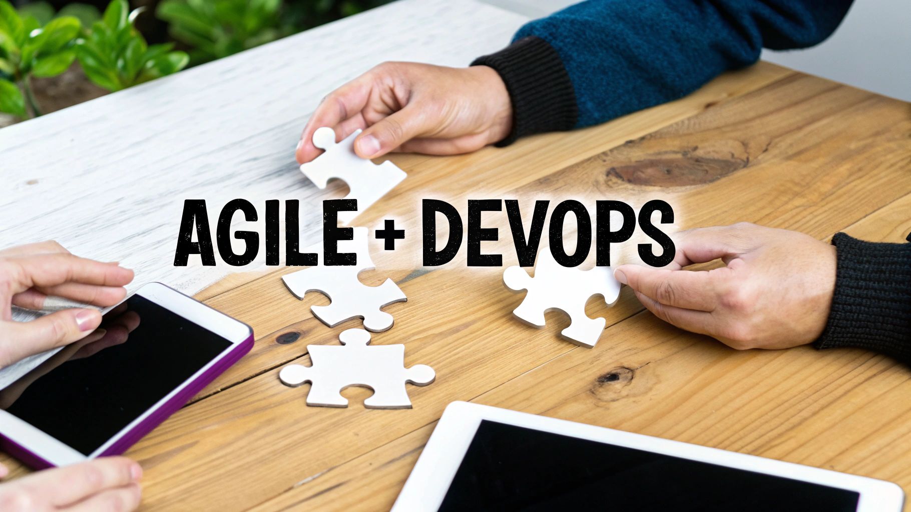 Hands putting together puzzle pieces on a wooden table with 'AGILE + DEVOPS' text.