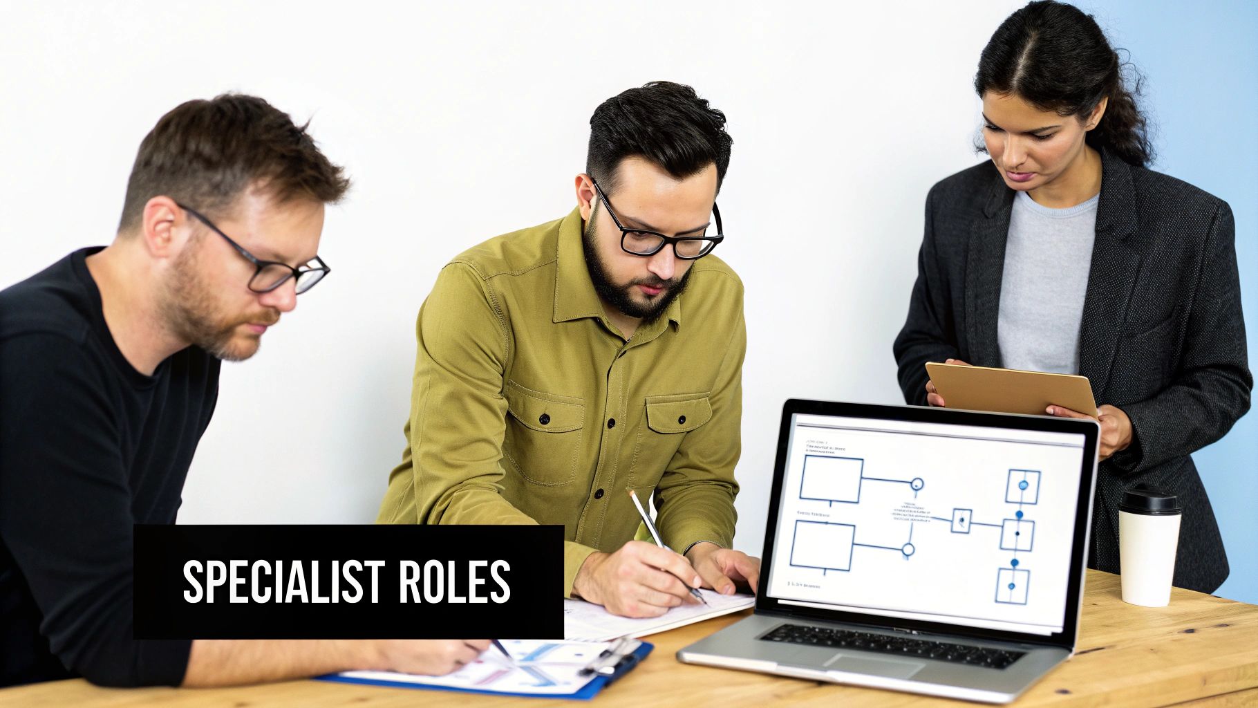 Three colleagues, two men and one woman, collaborate around a laptop showing a diagram, discussing specialist roles.