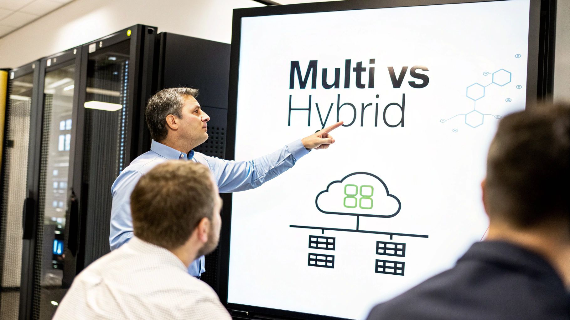 A man presents 'Multi vs Hybrid' cloud concepts on a screen to colleagues in a server room.