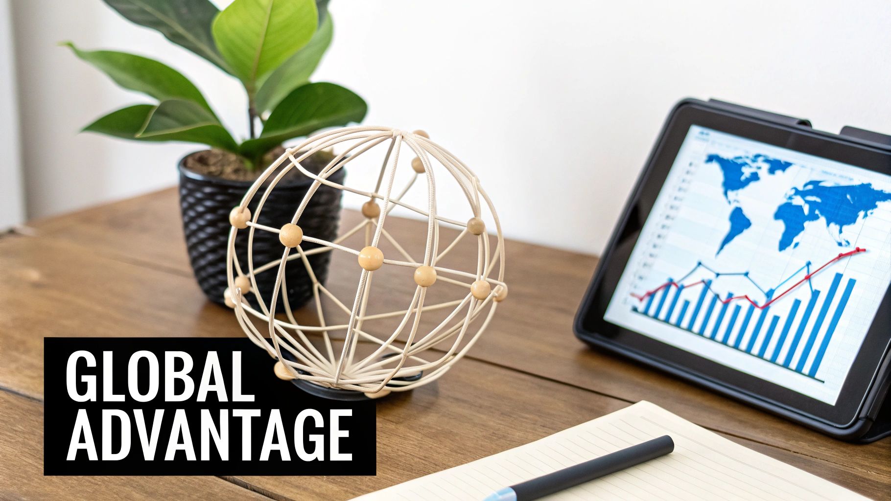 A desk with a tablet showing a world map and graphs, a decorative globe, and a plant, symbolizing global business advantage.