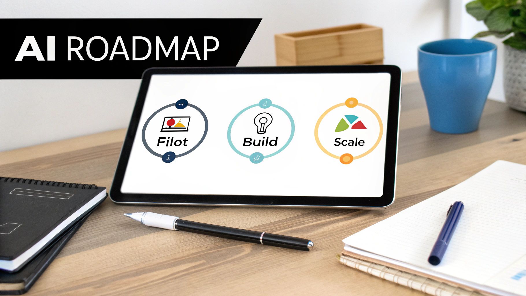 AI roadmap showing three phases: pilot, build, and scale displayed on tablet screen