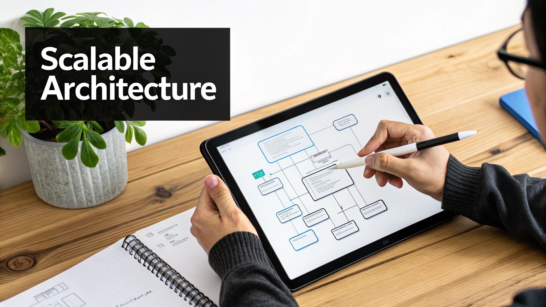 A person draws a scalable architecture diagram on a tablet with a stylus, on a wooden desk.