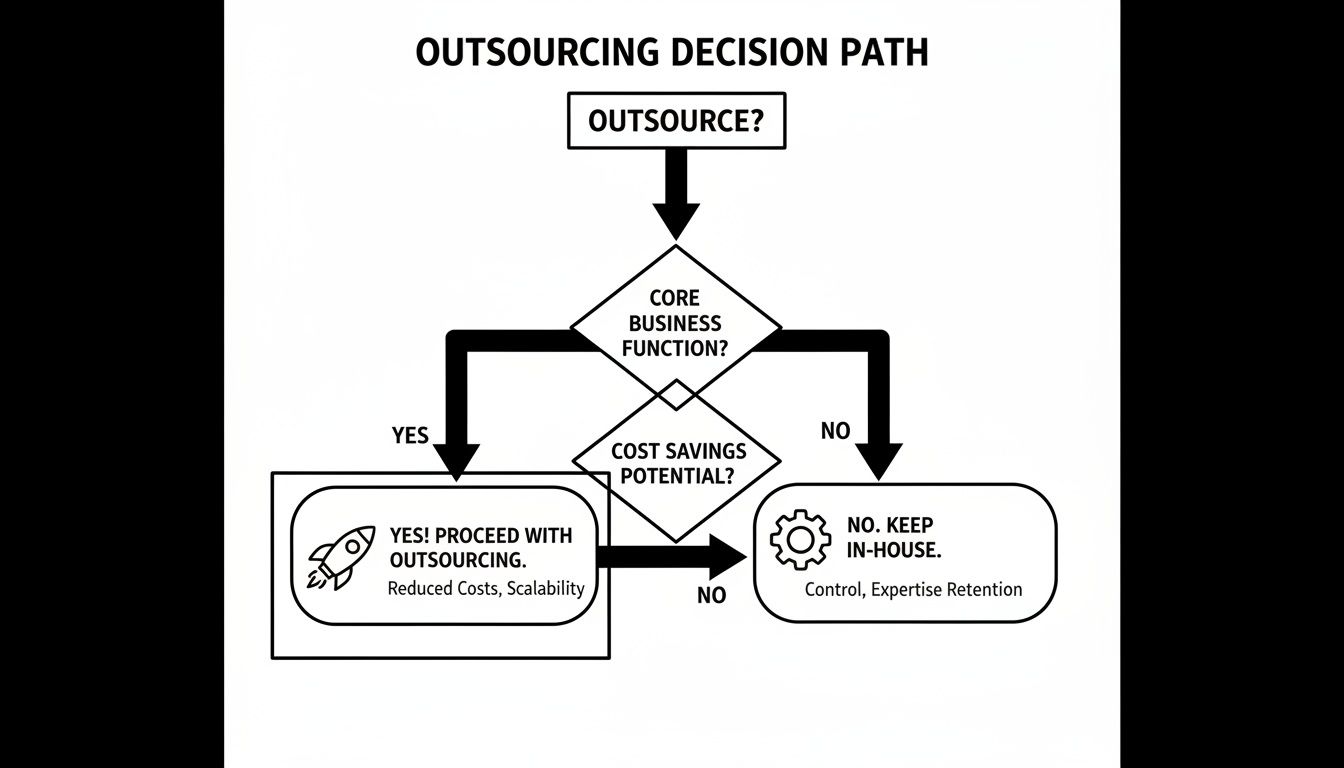 Flowchart illustrating the decision path for outsourcing business functions, considering core functions and cost savings.