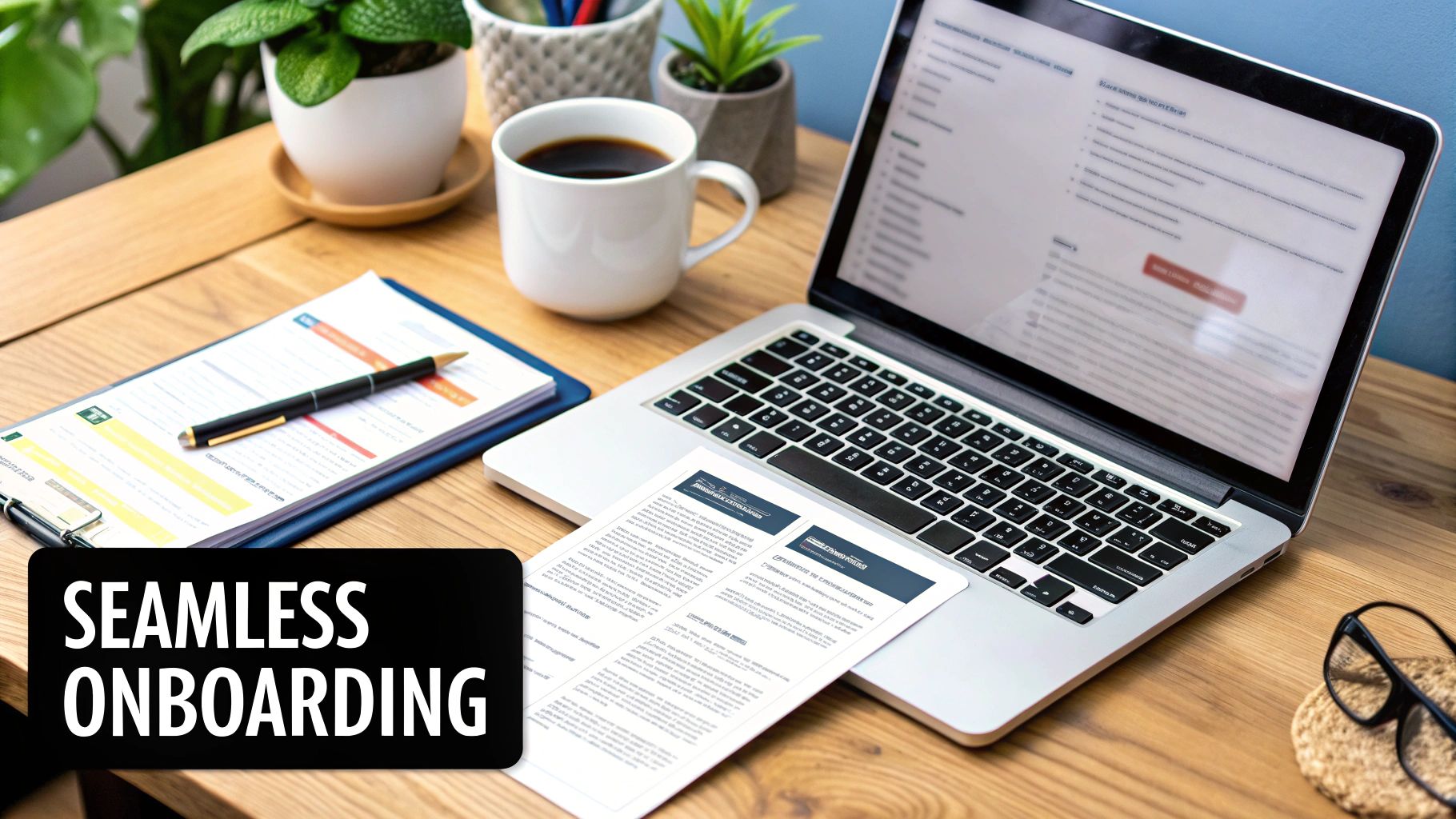 A professional desk setup with a laptop showing an online form, documents, pen, and coffee, representing seamless onboarding.