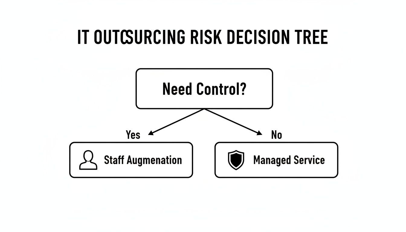 An IT outsourcing risk decision tree showing a choice between staff augmentation and managed service.