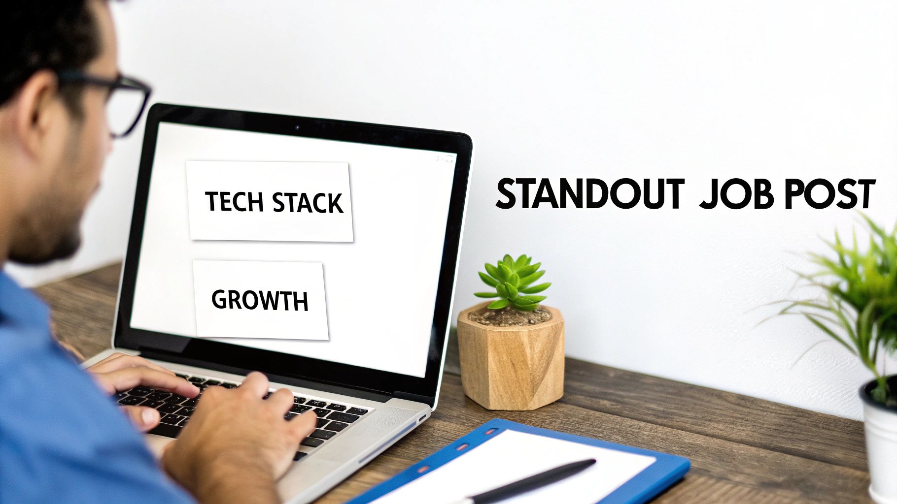 A person typing on a laptop with 'TECH STACK' and 'GROWTH' on screen, and 'STANDOUT JOB POST' text on the wall.