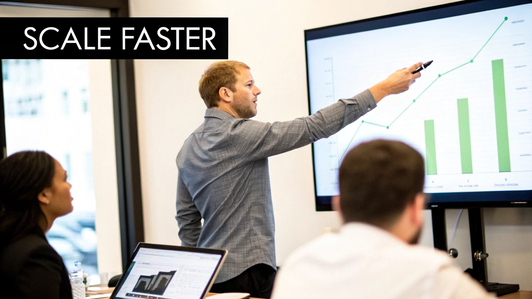 Software developers collaborating on a project with a manager, illustrating strategic partnership.