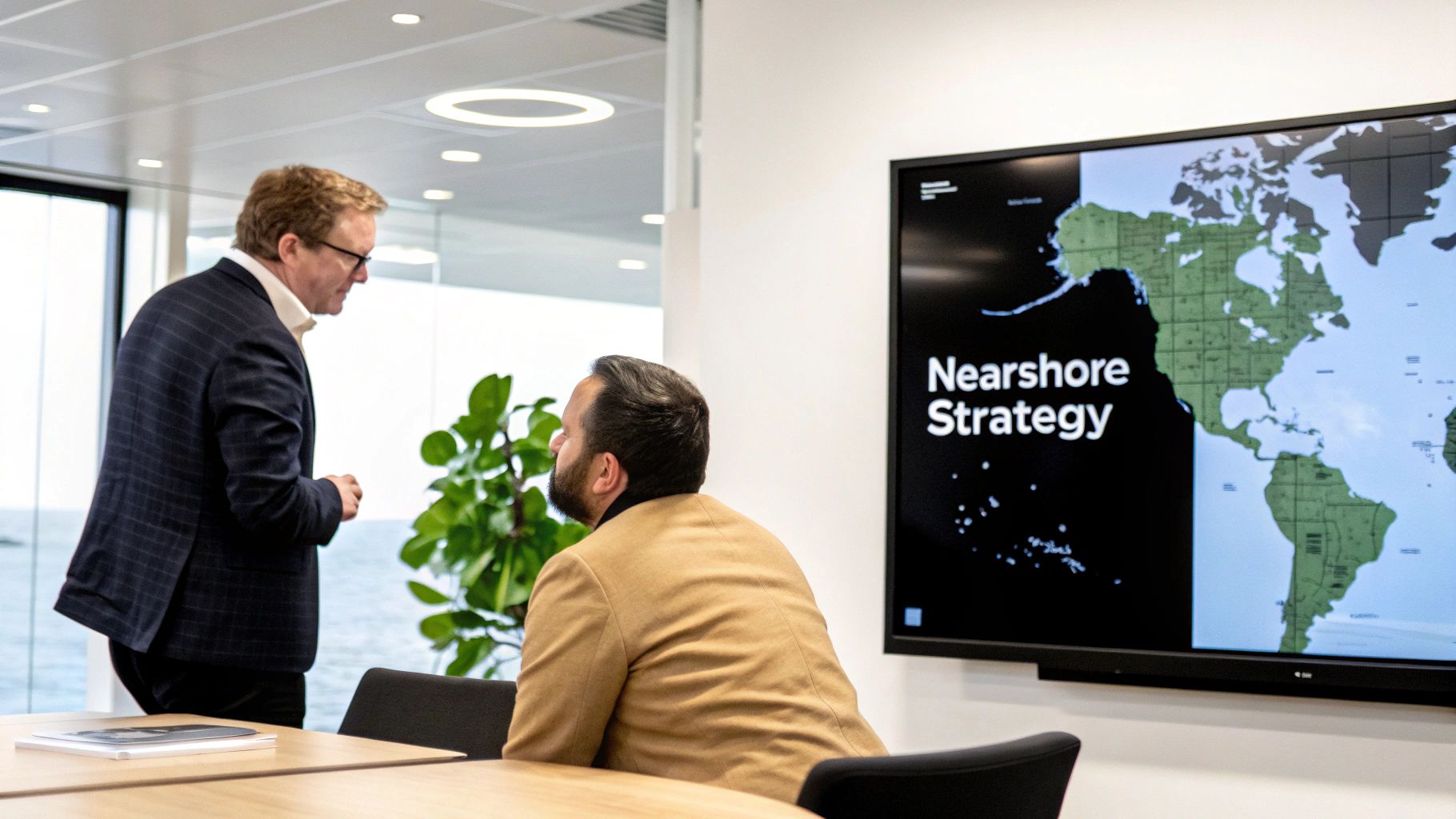 Two businessmen discuss strategy in a modern office with an ocean view and a 'Nearshore Strategy' map on a screen.