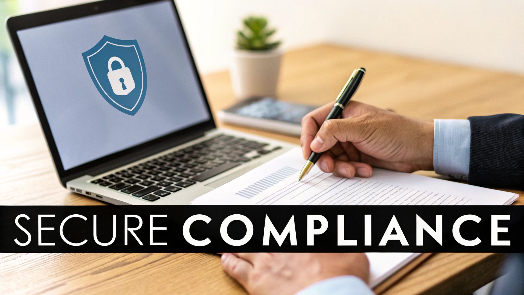 Business professional reviewing compliance documents with laptop displaying security lock shield icon on desk