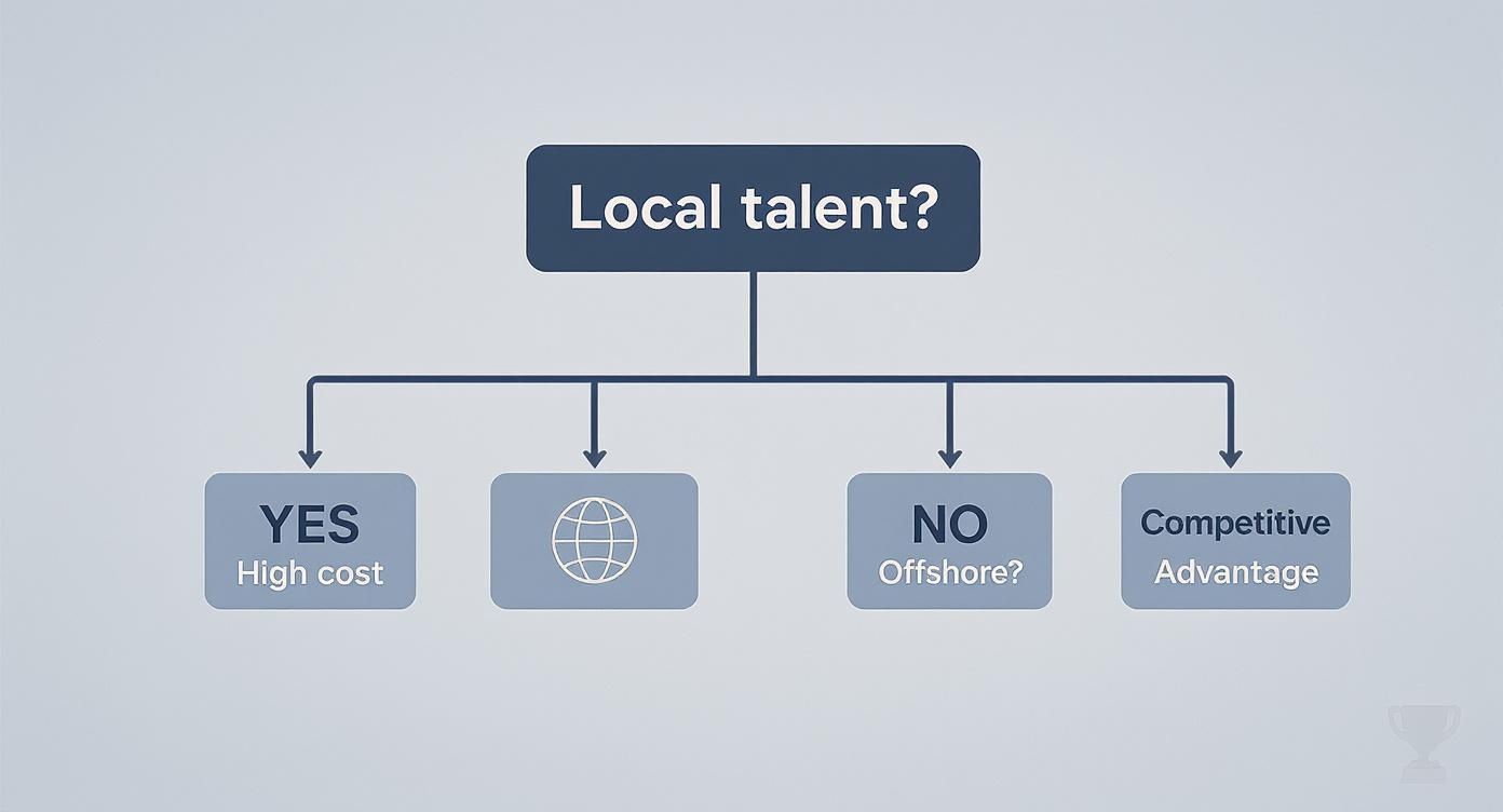Decision flowchart showing local talent costs versus offshore development and competitive advantage options