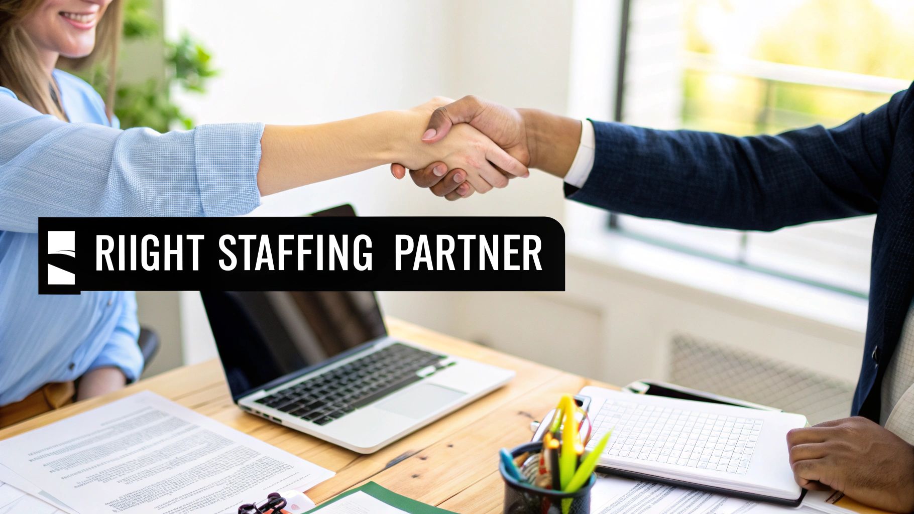 Two diverse professionals shaking hands across a desk with a laptop, signifying a business partnership.