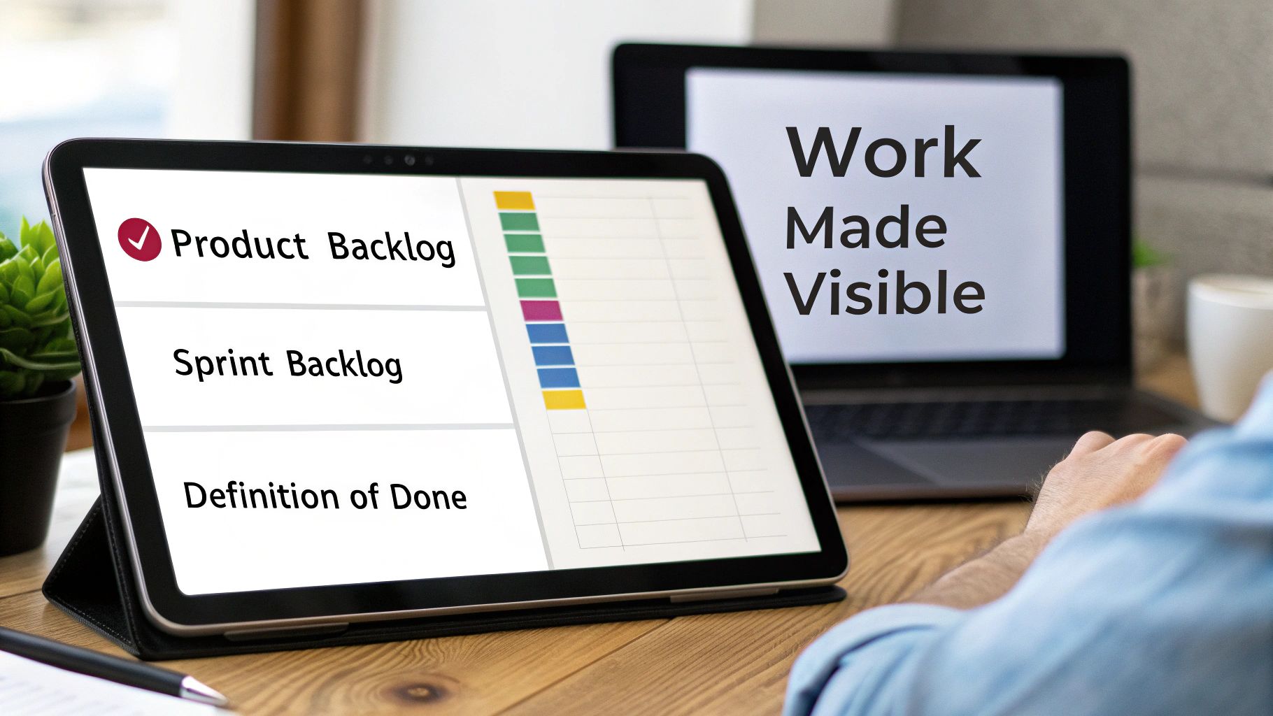 A person views a tablet showing Scrum backlog items and a laptop displaying 'Work Made Visible'.