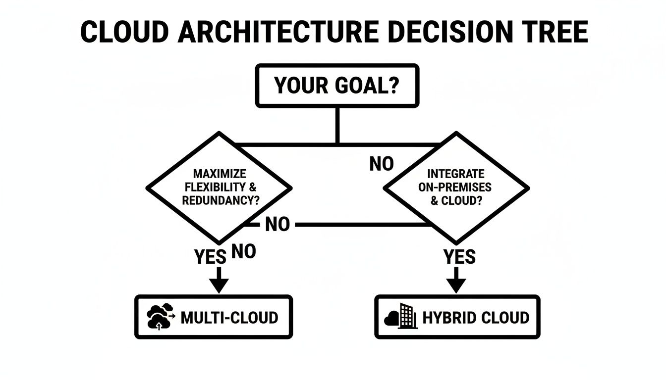 Cloud architecture decision tree showing choices between multi-cloud and hybrid cloud based on goals.
