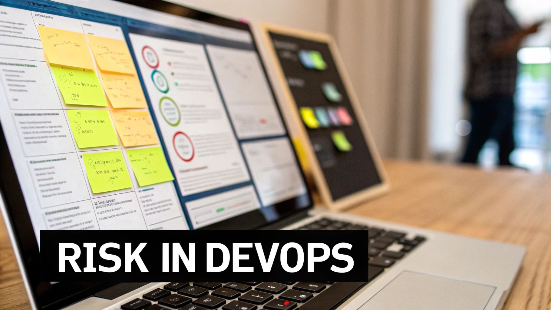 A laptop screen displaying a software project management board with sticky notes, titled 'RISK IN DEVOPS'.