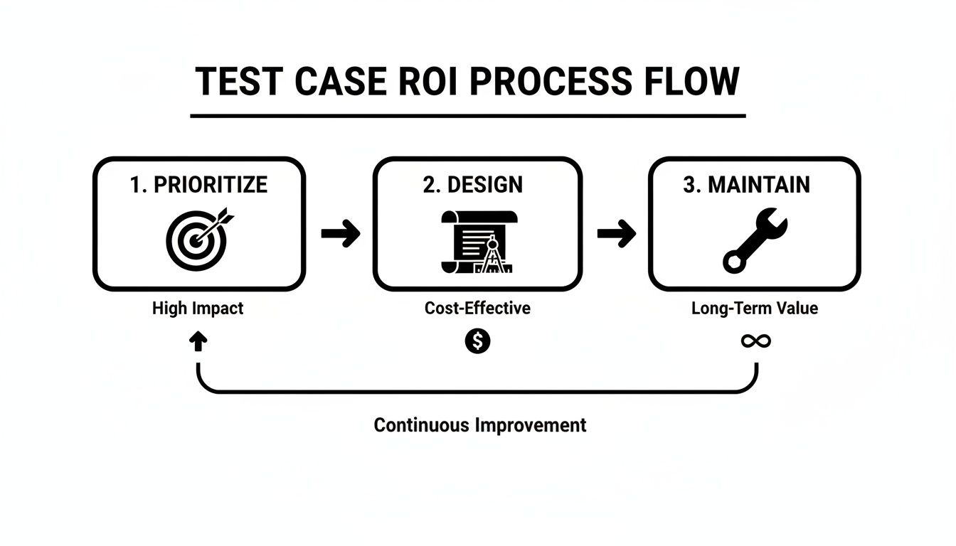 Flowchart showing the Test Case ROI process: Prioritize, Design, Maintain, with a continuous improvement loop.