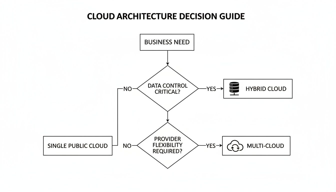 Flowchart guiding cloud architecture decisions based on data control, provider flexibility, and business needs.