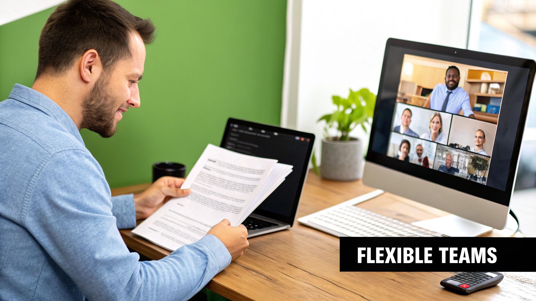 A man reviews documents at a desk with a video conference displaying multiple diverse colleagues, showing flexible teams.