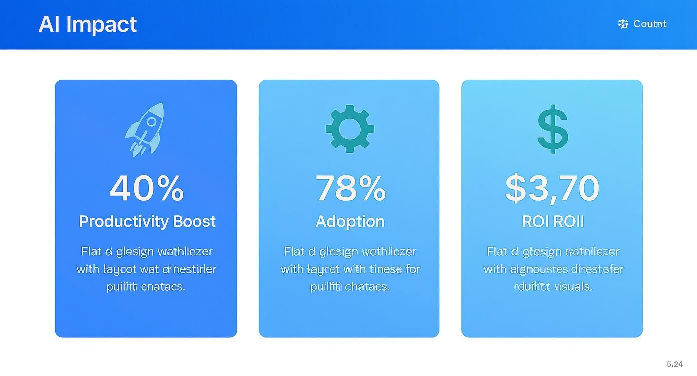 Three blue cards showing AI impact statistics: 40% productivity boost, 78% adoption rate, and $3.70 ROI