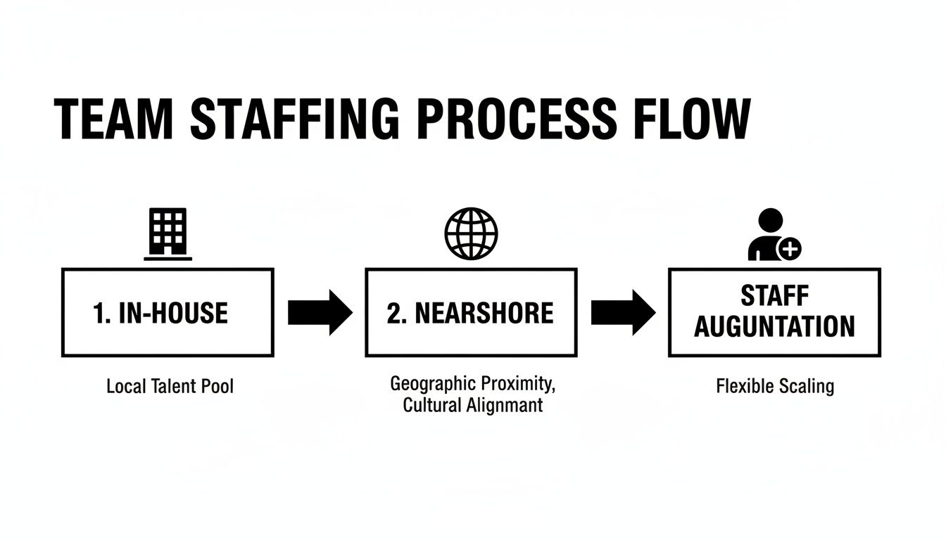 Flowchart outlining team staffing options: 1. In-House, 2. Nearshore, 3. Staff Augmentation.