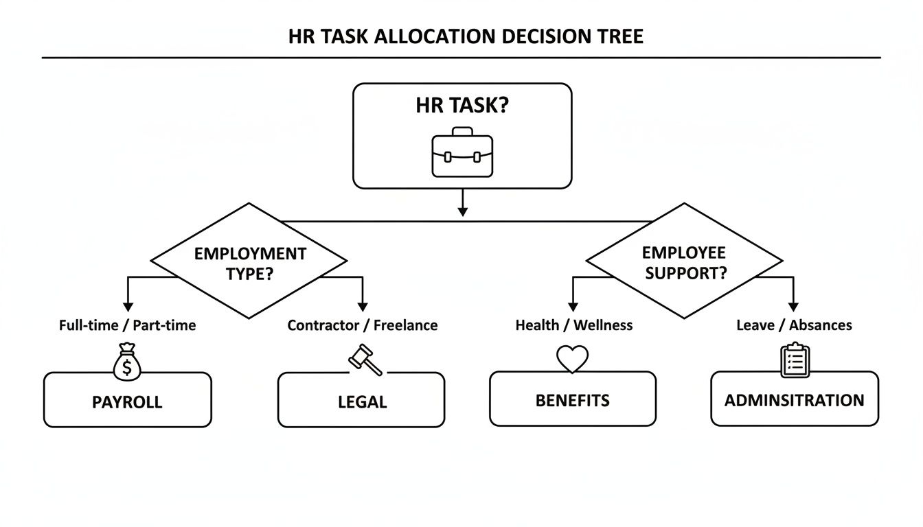 A decision tree illustrating HR task allocation, categorizing tasks like payroll, legal, benefits, and administration.