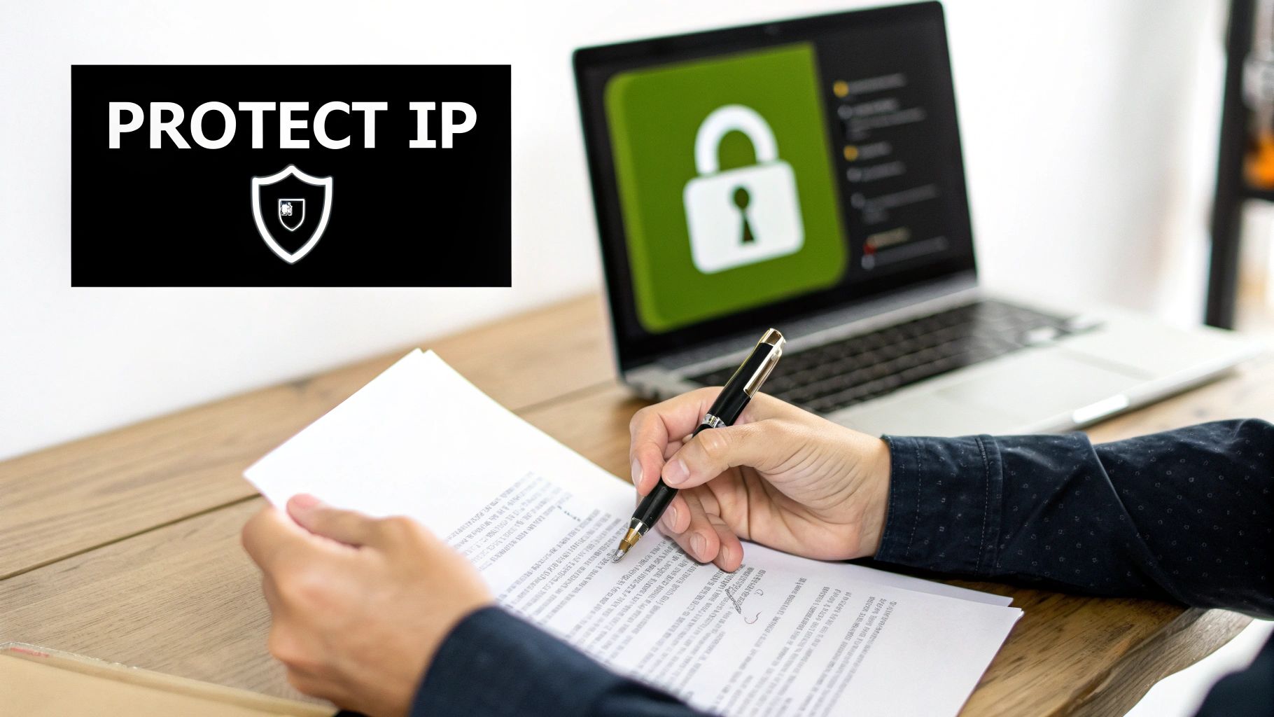 Professional reviewing intellectual property protection documents with secure laptop displaying padlock icon