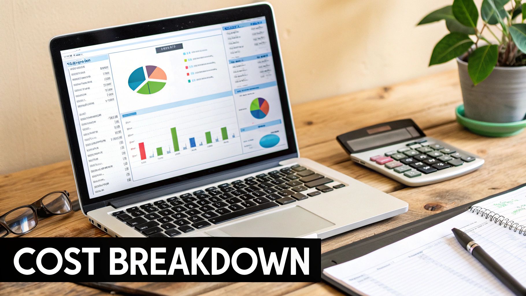 A laptop displays financial charts on a wooden desk, with a calculator, notebook, and 'COST BREAKDOWN' text.