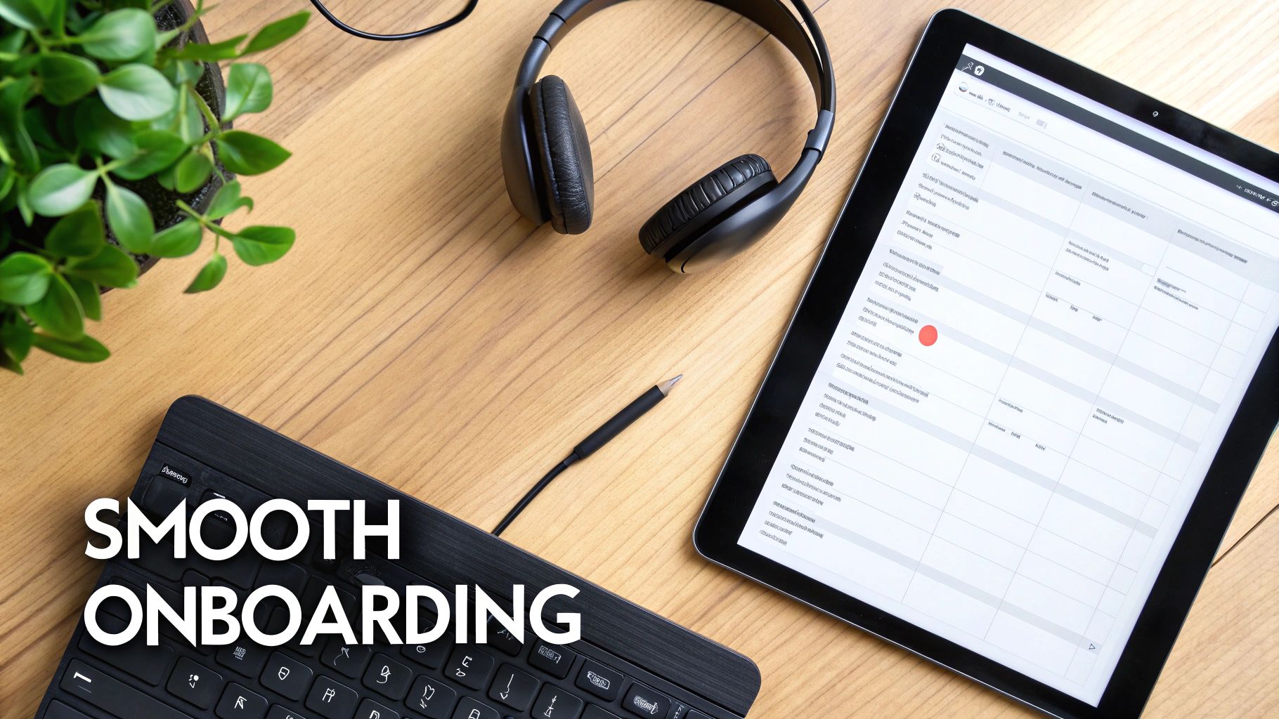 Overhead view of a modern desk with technology, including a tablet, keyboard, headphones, and a plant, promoting smooth onboarding.