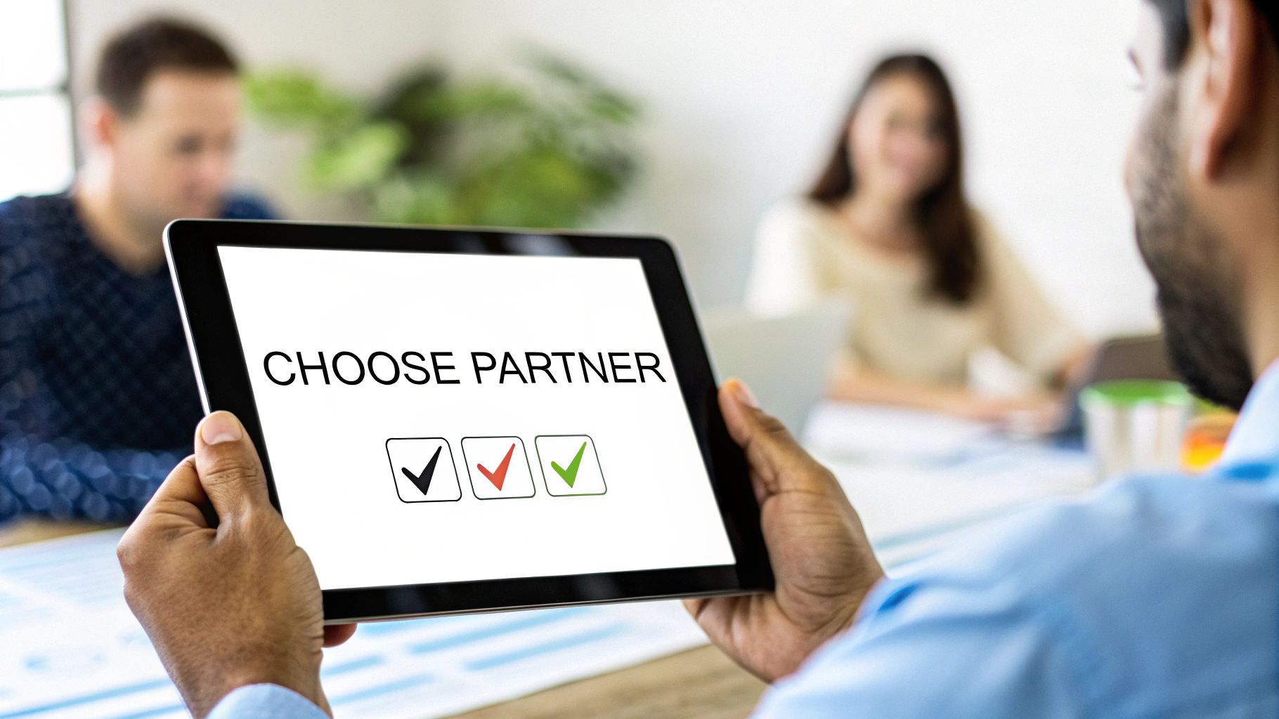 A person holds a tablet displaying 'CHOOSE PARTNER' with checkboxes, implying a business decision.