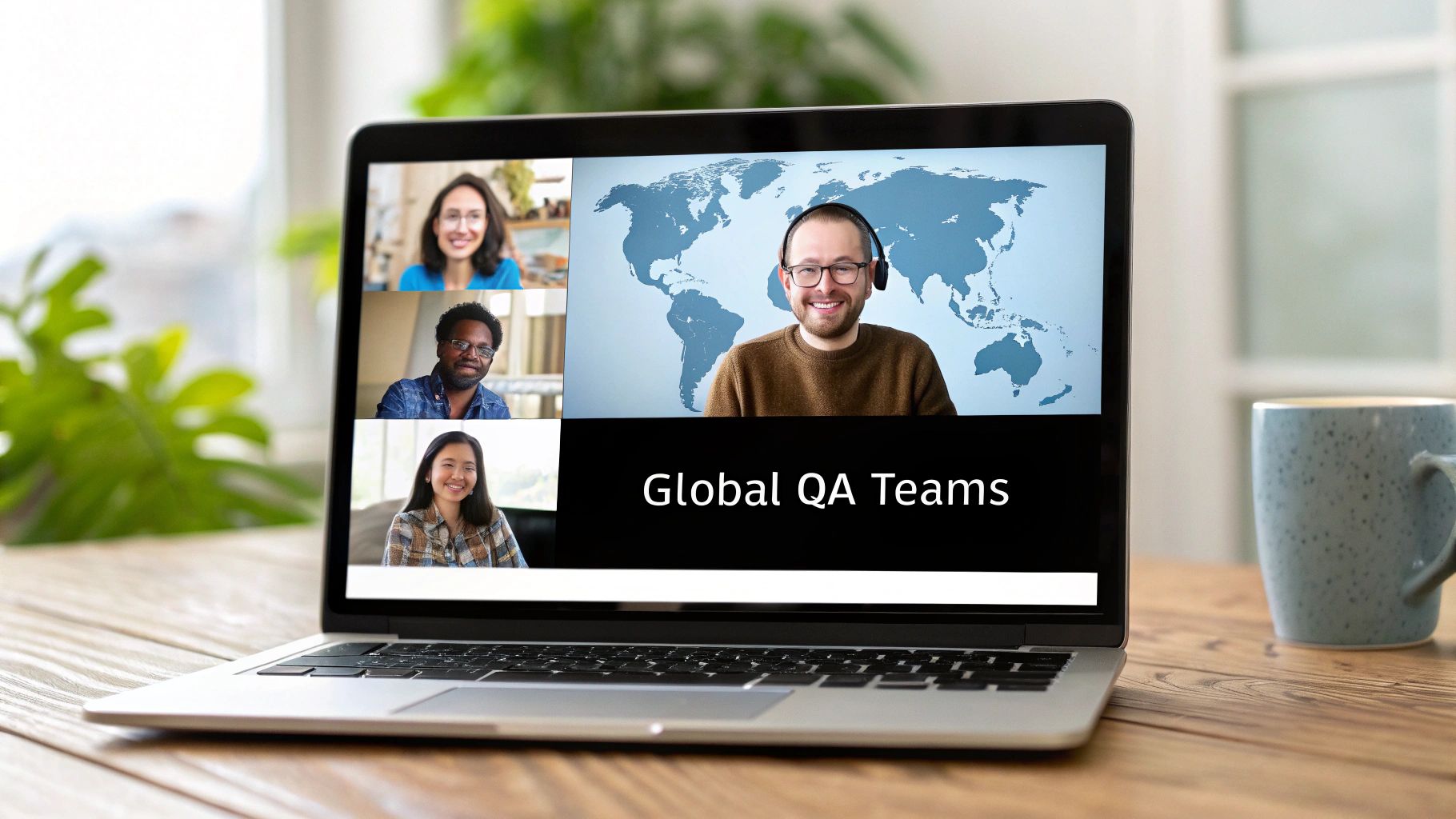 A diverse global team collaborating on a digital interface, representing remote quality assurance teams