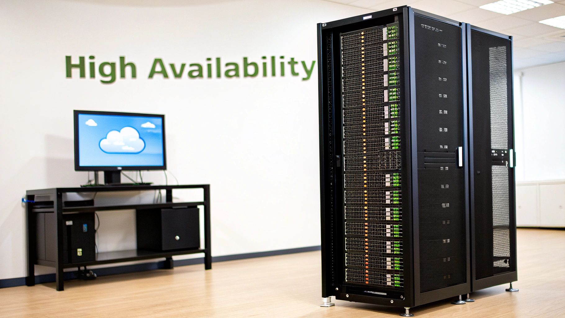 Data center setup with server racks, a monitor showing cloud computing, and 'High Availability' on the wall.