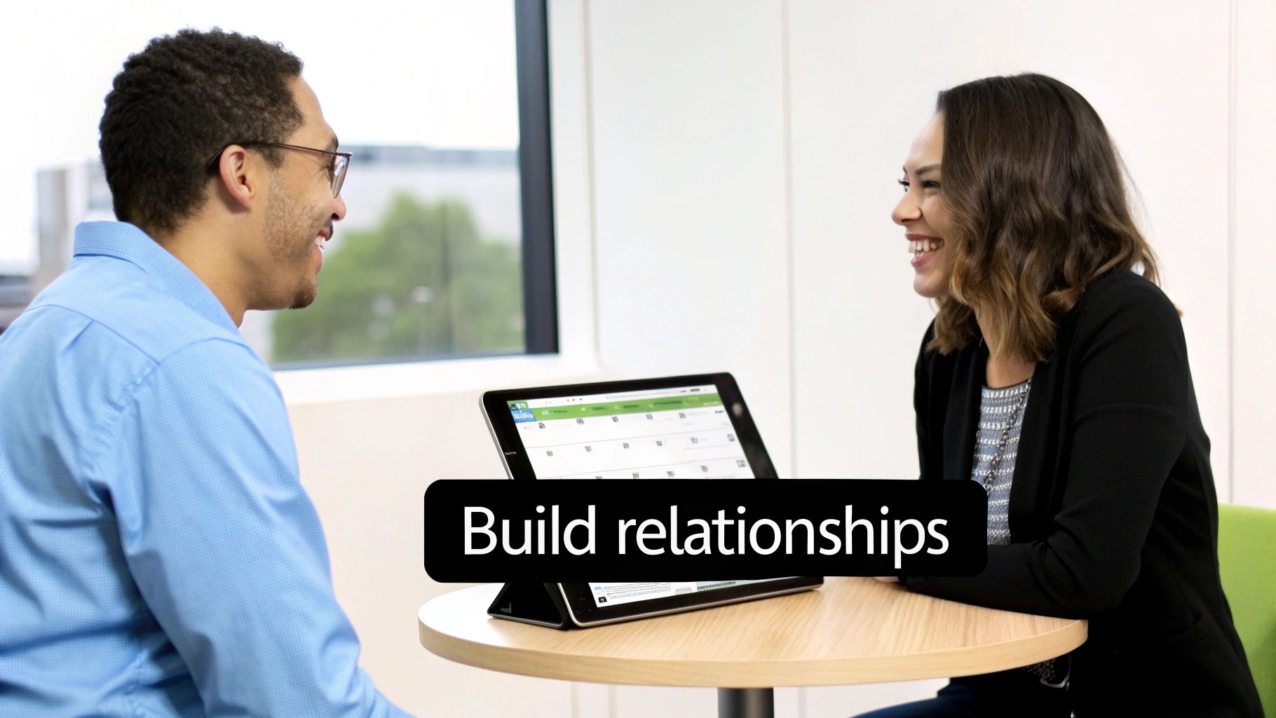 Two smiling professionals, a man and a woman, engaging in conversation around a tablet, building relationships.