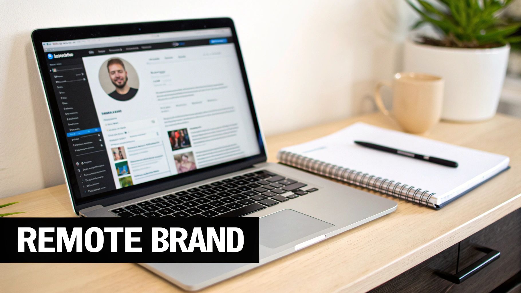 Laptop displaying a professional profile, with a notebook, pen, and mug on a desk, ideal for remote work.