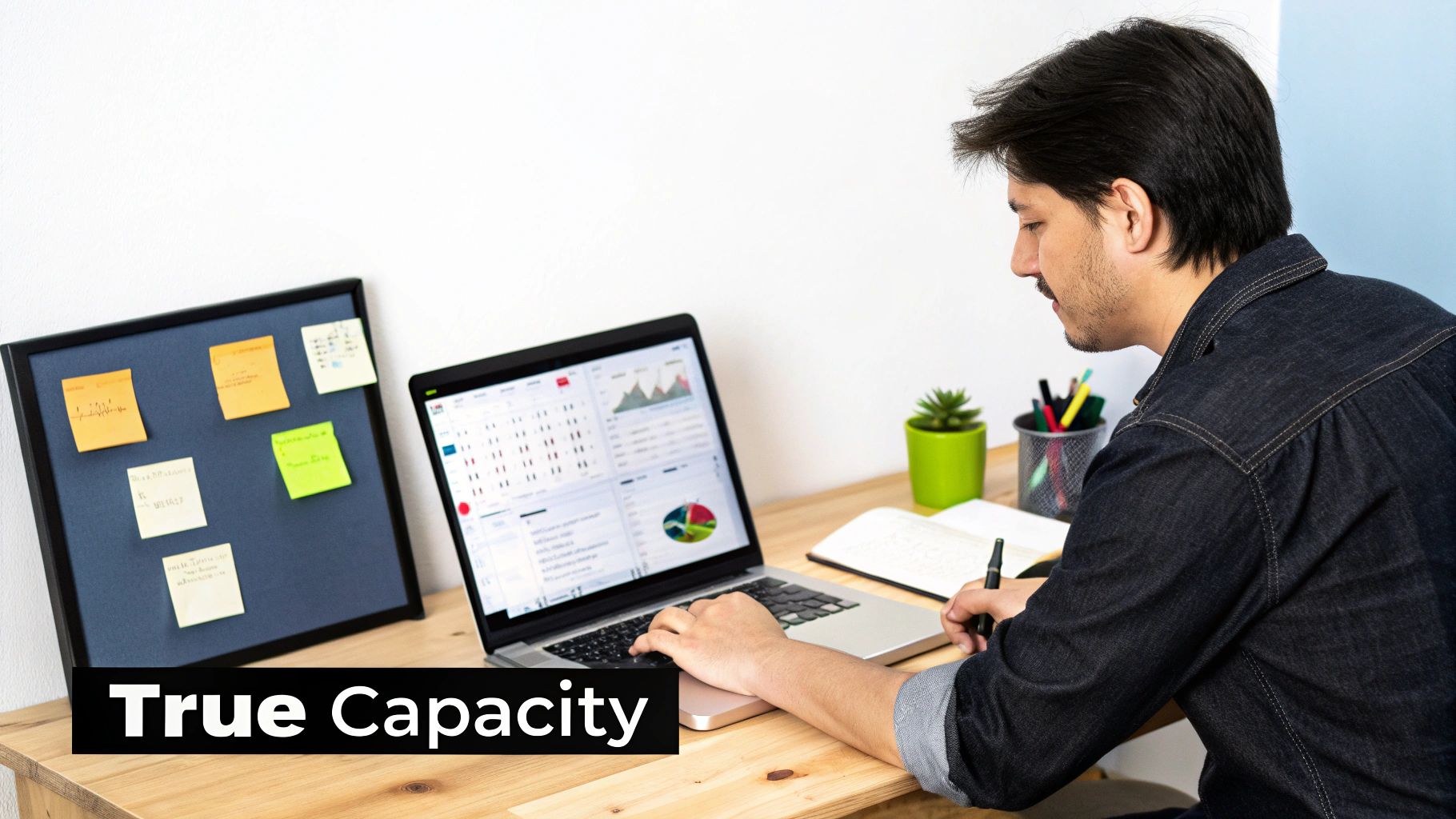 A man works at a desk on a laptop displaying charts and data, with sticky notes on a board.