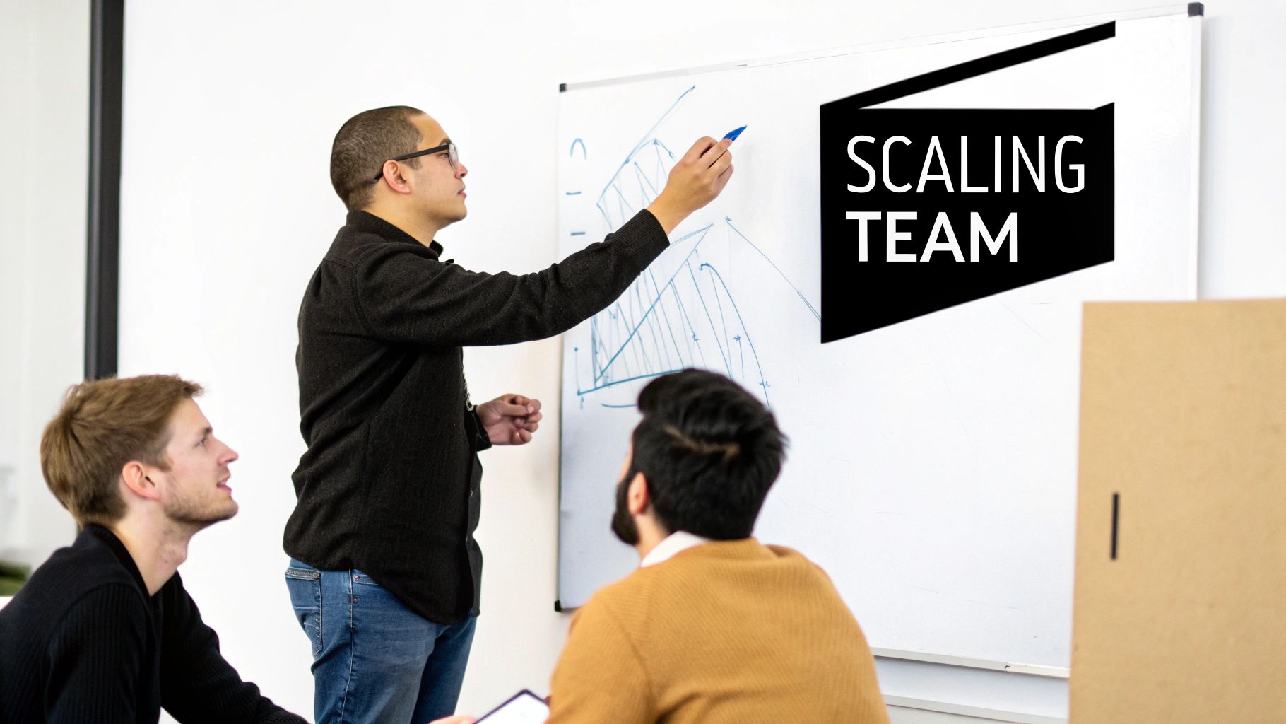 A man explains a scaling team graph on a whiteboard to two attentive colleagues.