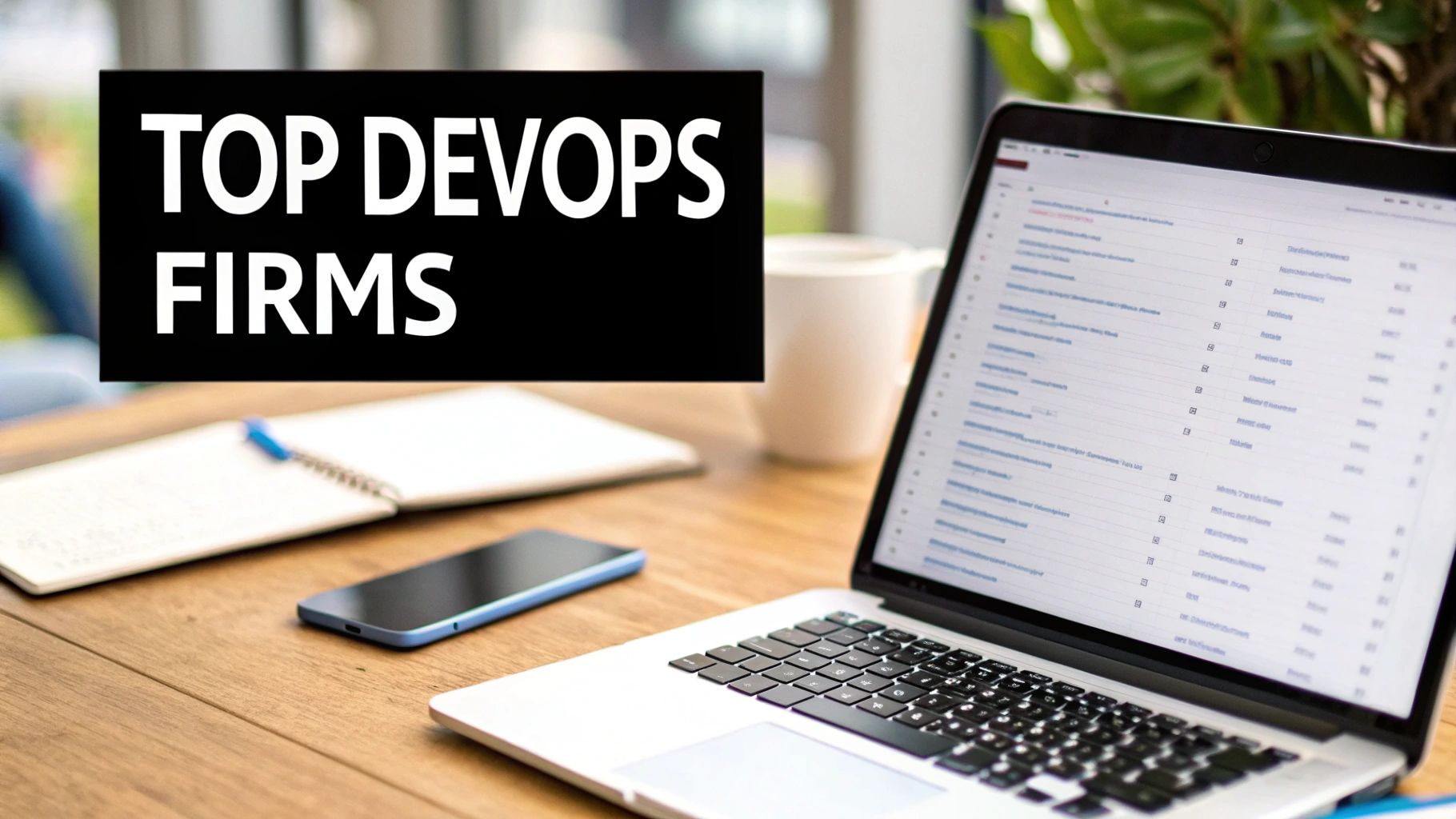 A modern office desk with a laptop, smartphone, notebook, and a text overlay 'TOP DEVOPS FIRMS'.