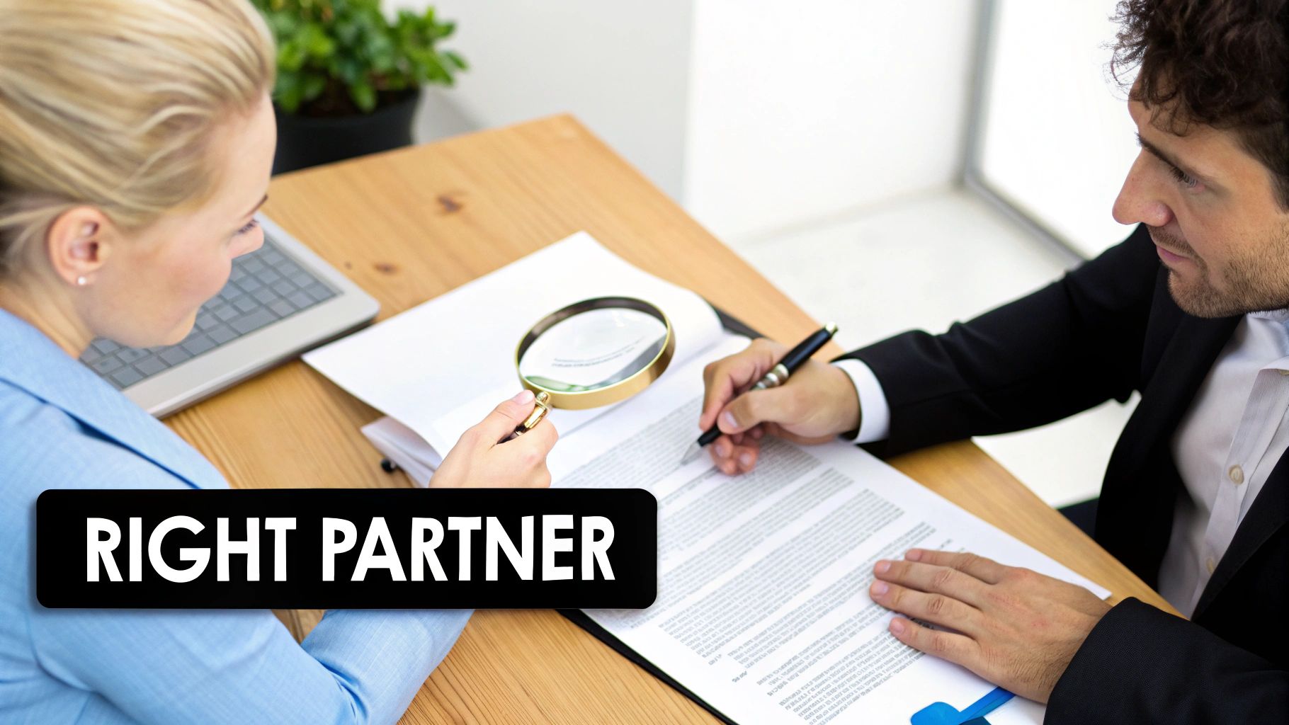 A team collaborating in a modern office with laptops and charts.