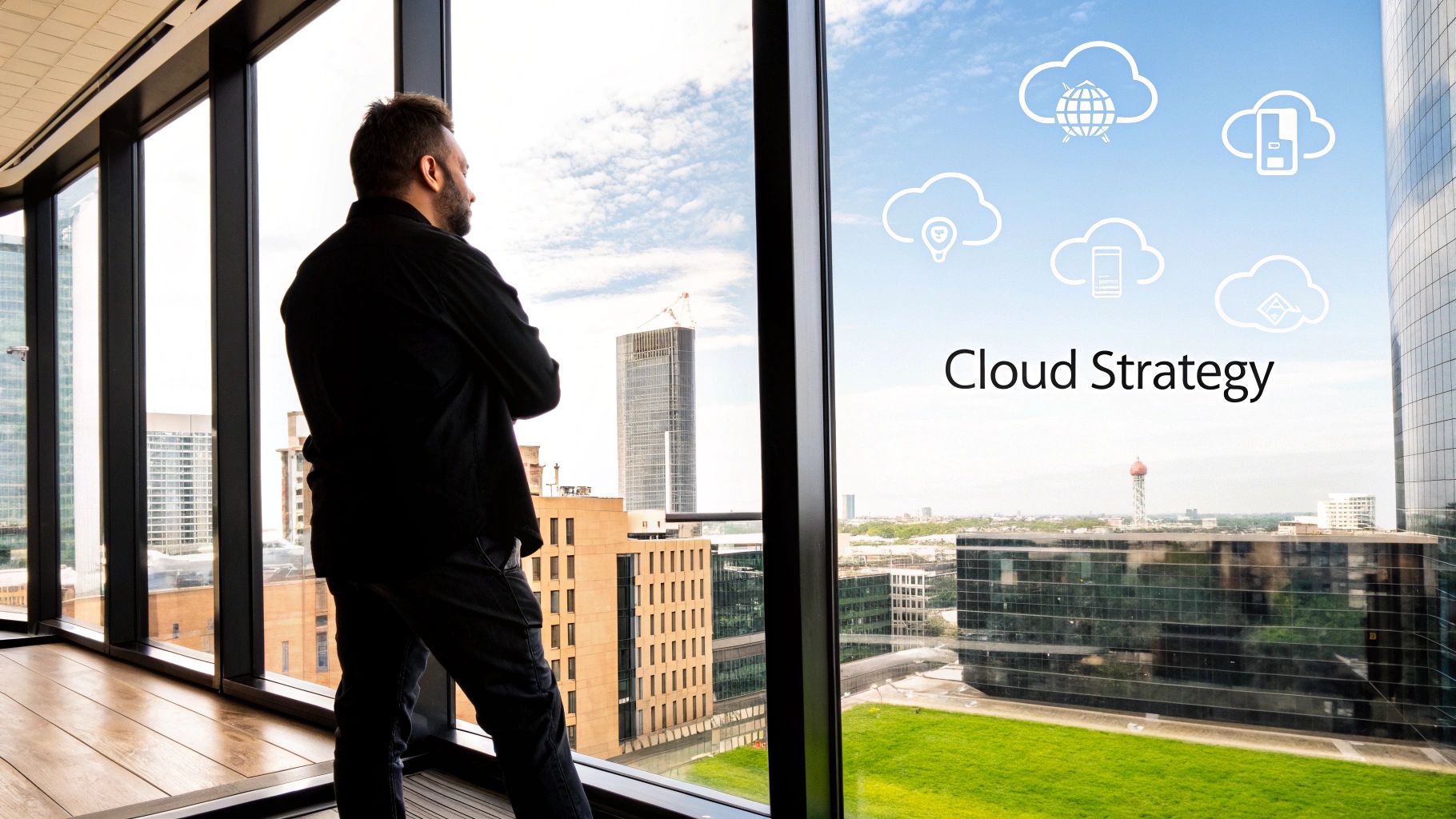 Man looking out office window at city skyline with 'Cloud Strategy' text and icons.