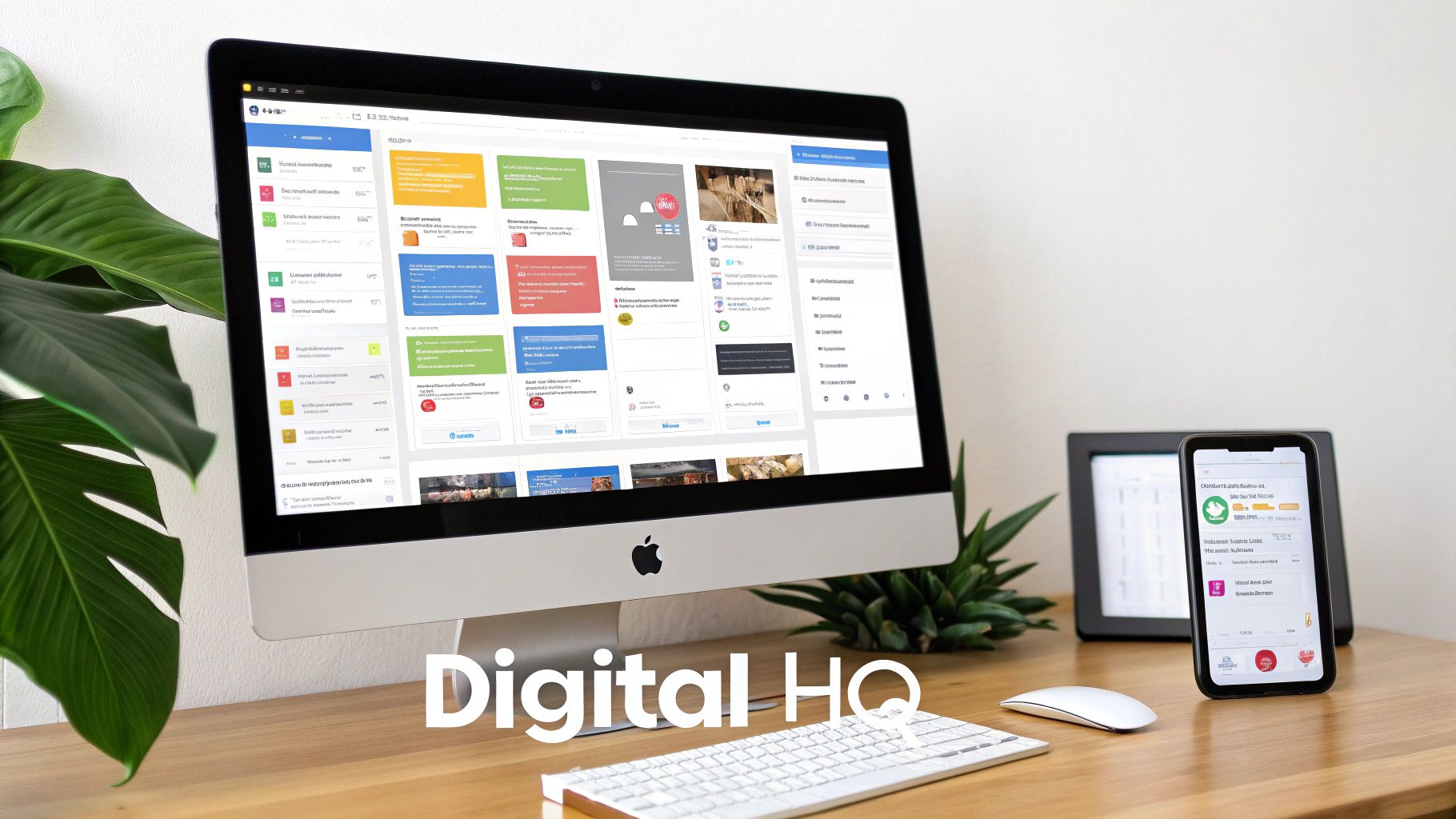 A modern workspace featuring an Apple iMac, keyboard, mouse, and smartphone displaying a digital dashboard.