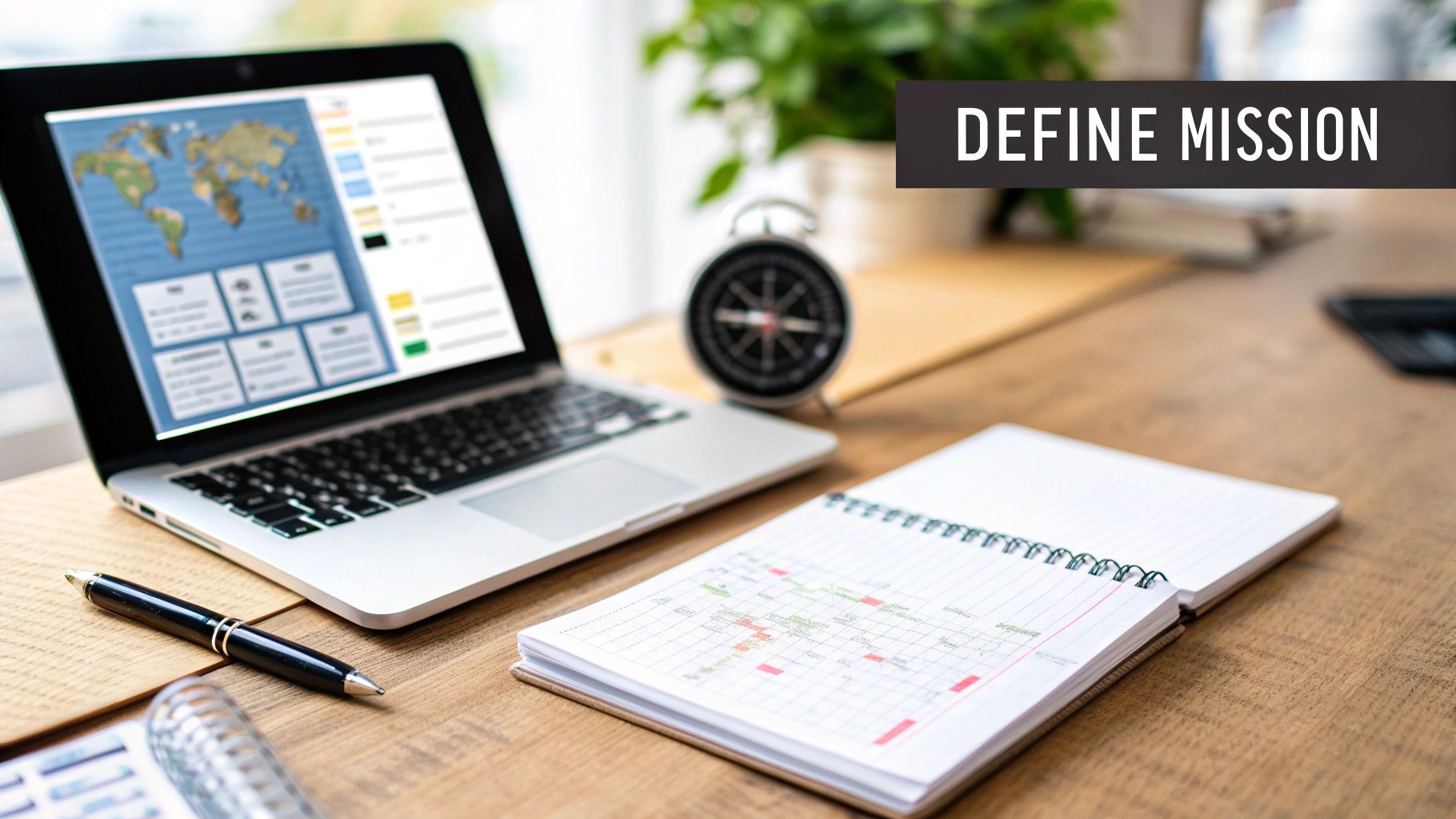 A desk setup with a laptop showing a world map, a notebook, and a 'DEFINE MISSION' banner.