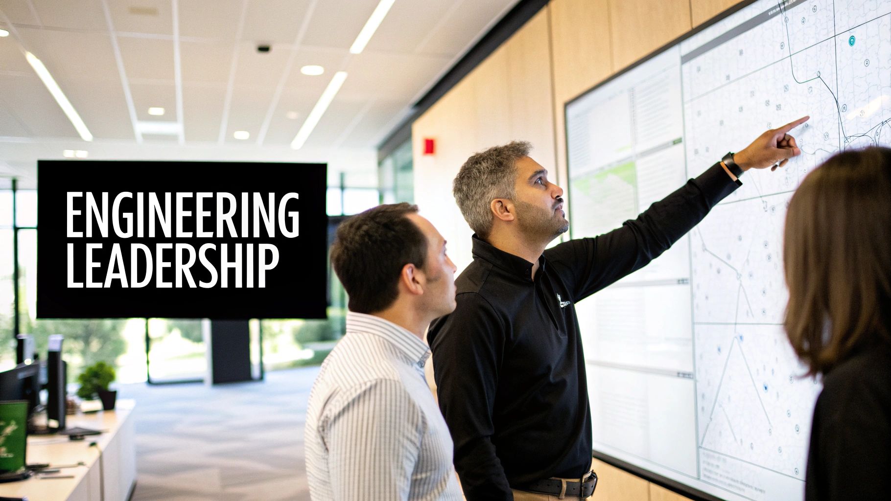 Three professionals discussing data on a large digital screen, with 'ENGINEERING LEADERSHIP' text in the background.