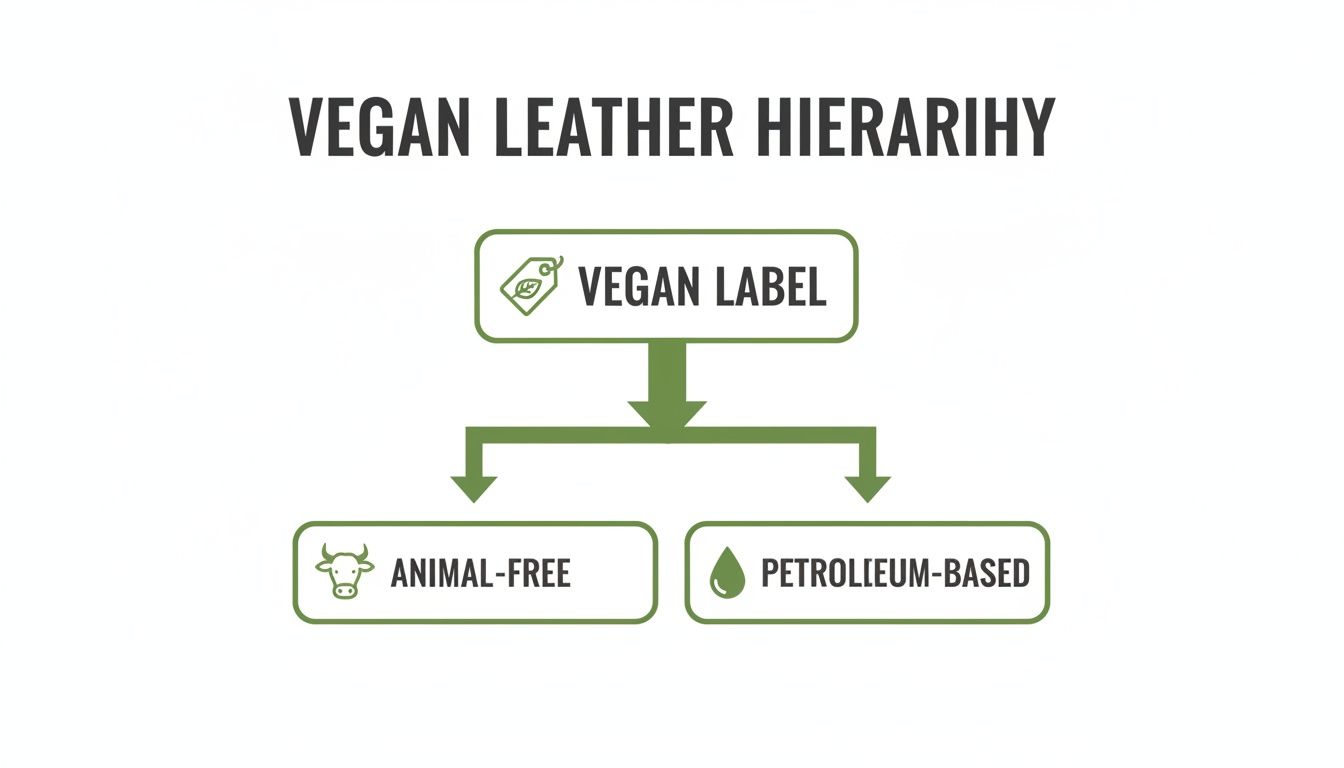 A diagram illustrates the vegan leather hierarchy: Vegan Label branches into Animal-Free and Petroleum-Based options.