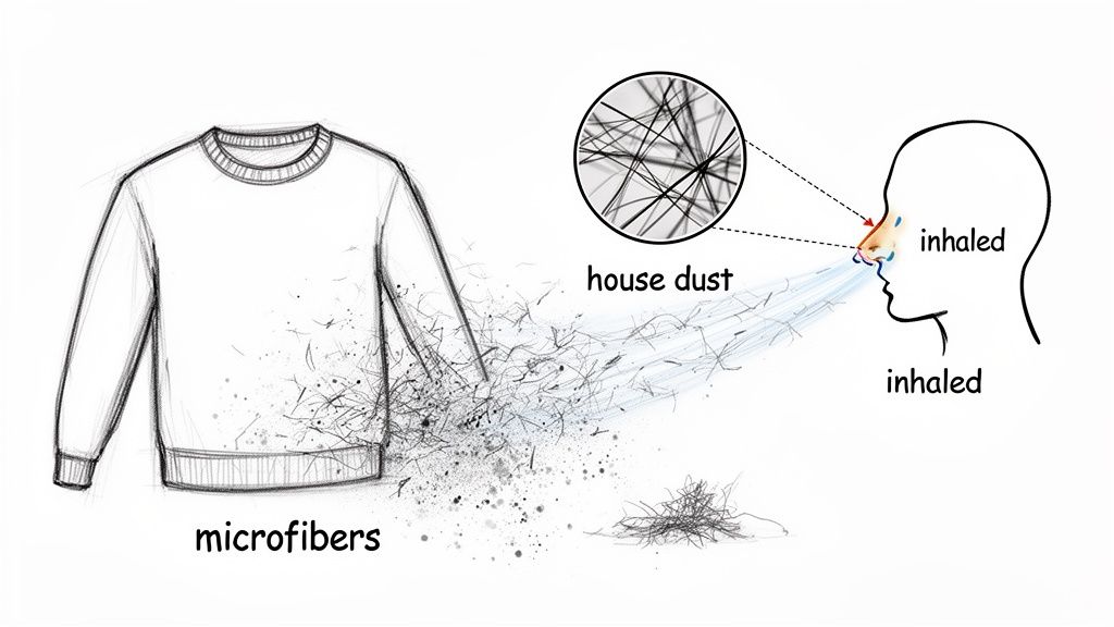Diagram shows microfibers released from a sweater, forming house dust, and then inhaled by a human.