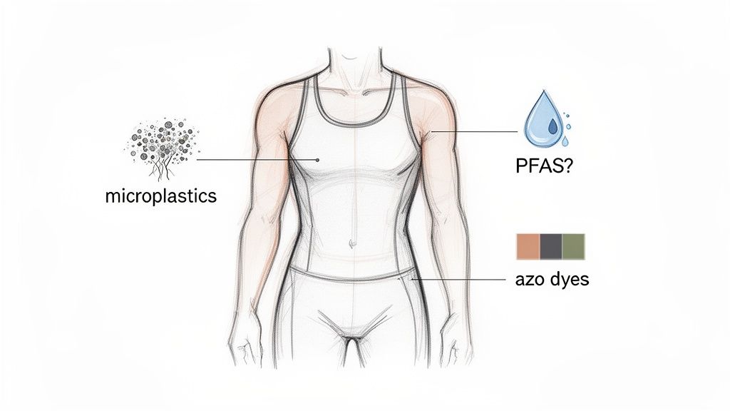 Illustration showing microplastics, PFAS, and azo dyes linked to activewear on a human body.
