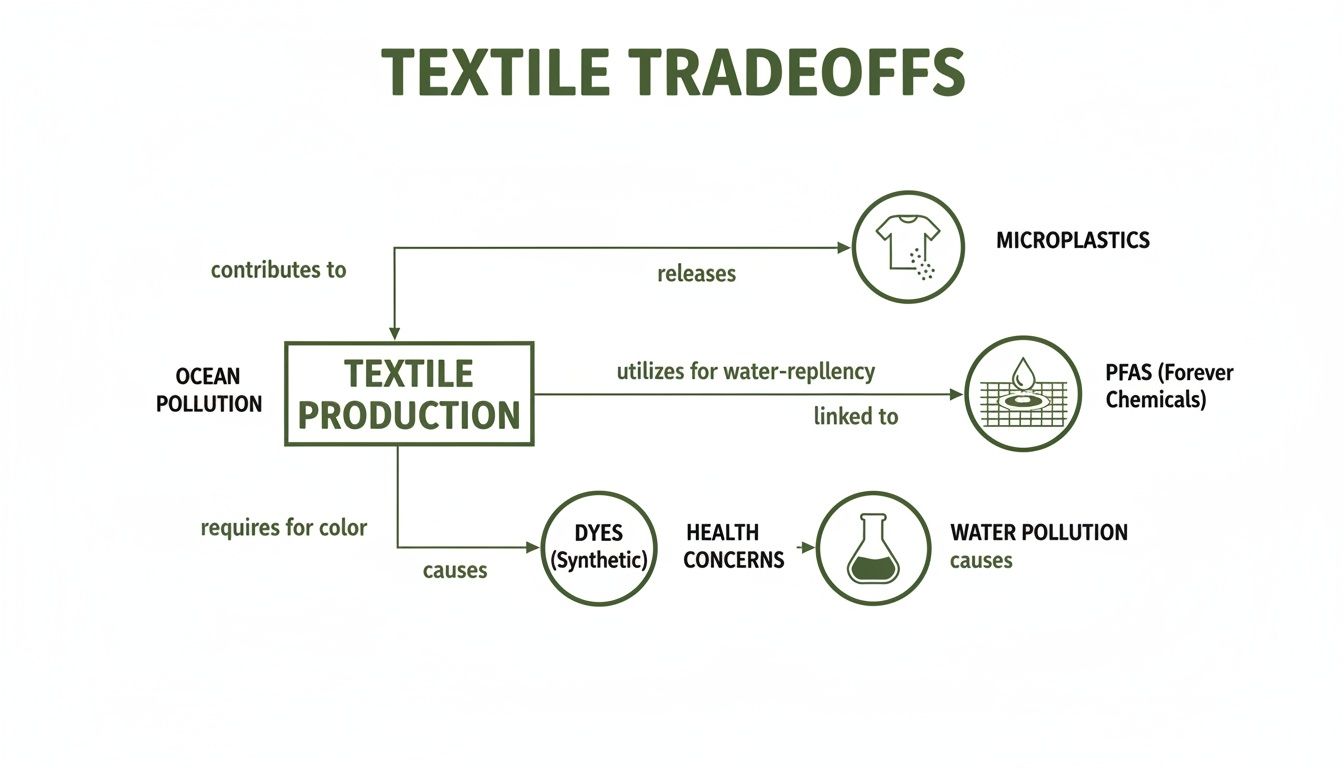 Flowchart detailing textile production tradeoffs, showing links to ocean pollution, microplastics, PFAS, and water pollution from synthetic dyes.
