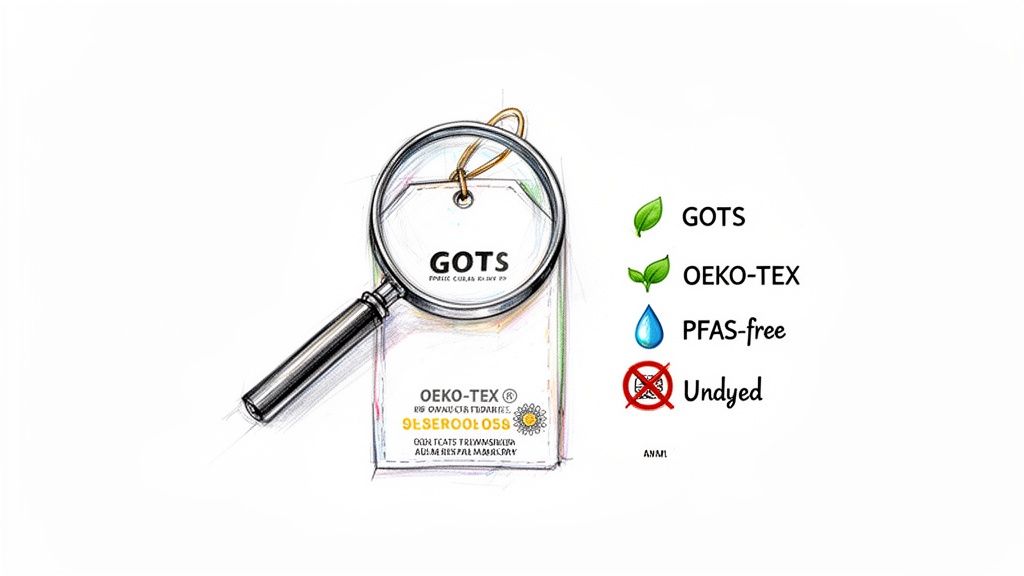 Illustration showing fabric certifications: GOTS, OEKO-TEX, PFAS-free, and undyed, highlighted by a magnifying glass.