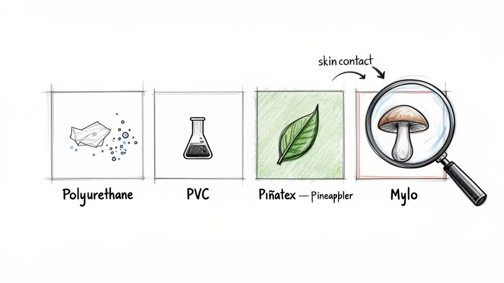 Four materials are displayed: Polyurethane, PVC, Piñatex (pineapple-based), and Mylo (mushroom-based) for vegan leather.